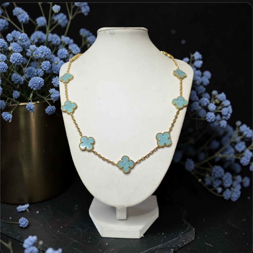 Luxury 18k Gold Plated Turquoise Clover 10 Station Alhambra Necklace - Picture 3 of 5